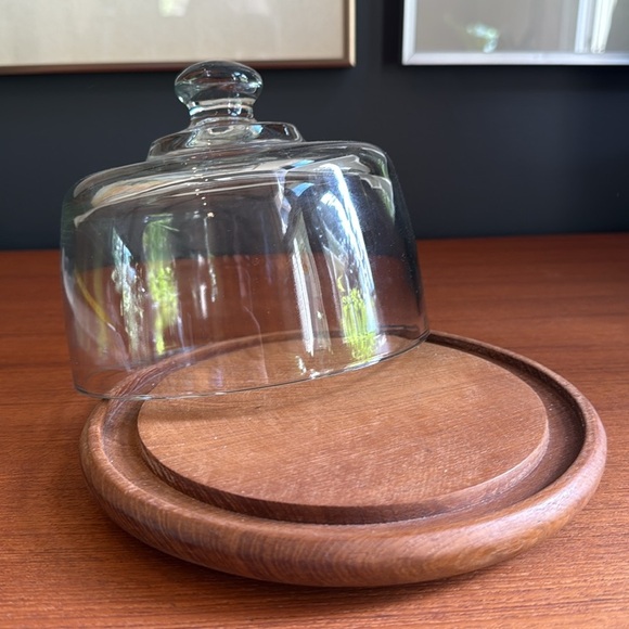 Teakwood cheese dome or butter dish, glass, cover tea, bottom, vintage, and cute - Picture 2 of 5